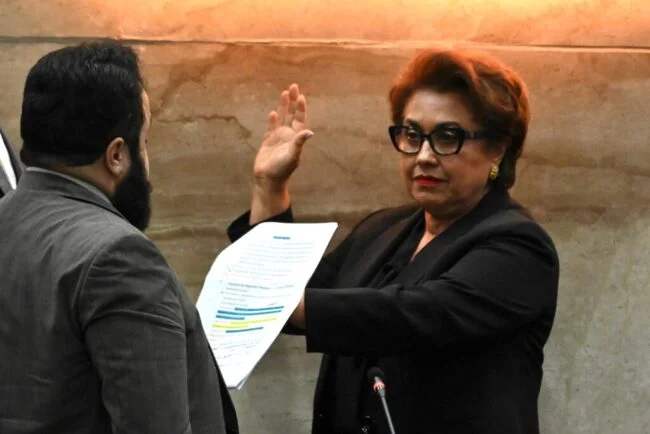 President of the Honduras Congress Luis Redondo (L) swears in lawyer Rebeca Lizette Raquel Obando (R) as president of the Honduran Supreme Court in Tegucigalpa on February 17, 2023, after new justices were appointed to the country's top court. - Honduran deputies appointed new Supreme Court justices late on February 16, following failed attempts due to struggles between the party of leftist President Xiomara Castro and the right-wing opposition. (Photo by Orlando SIERRA / AFP)