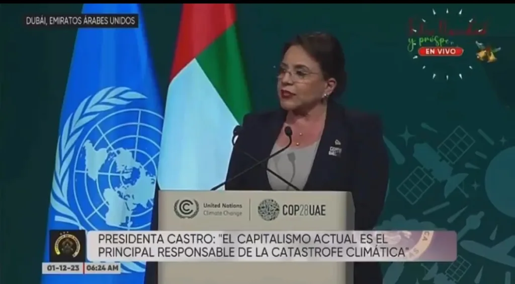 Presidenta de Honduras culpa al “capitalismo voraz” de todos los males durante conferencia en Dubái