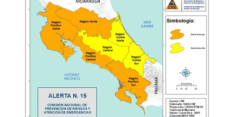 Costa Rica emite Alerta Naranja por lluvias en cinco regiones del país